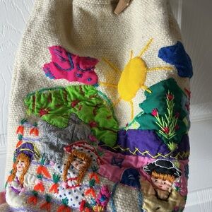 Vintage Woven Crossbody Bag Burlap Festival Artisan Applique